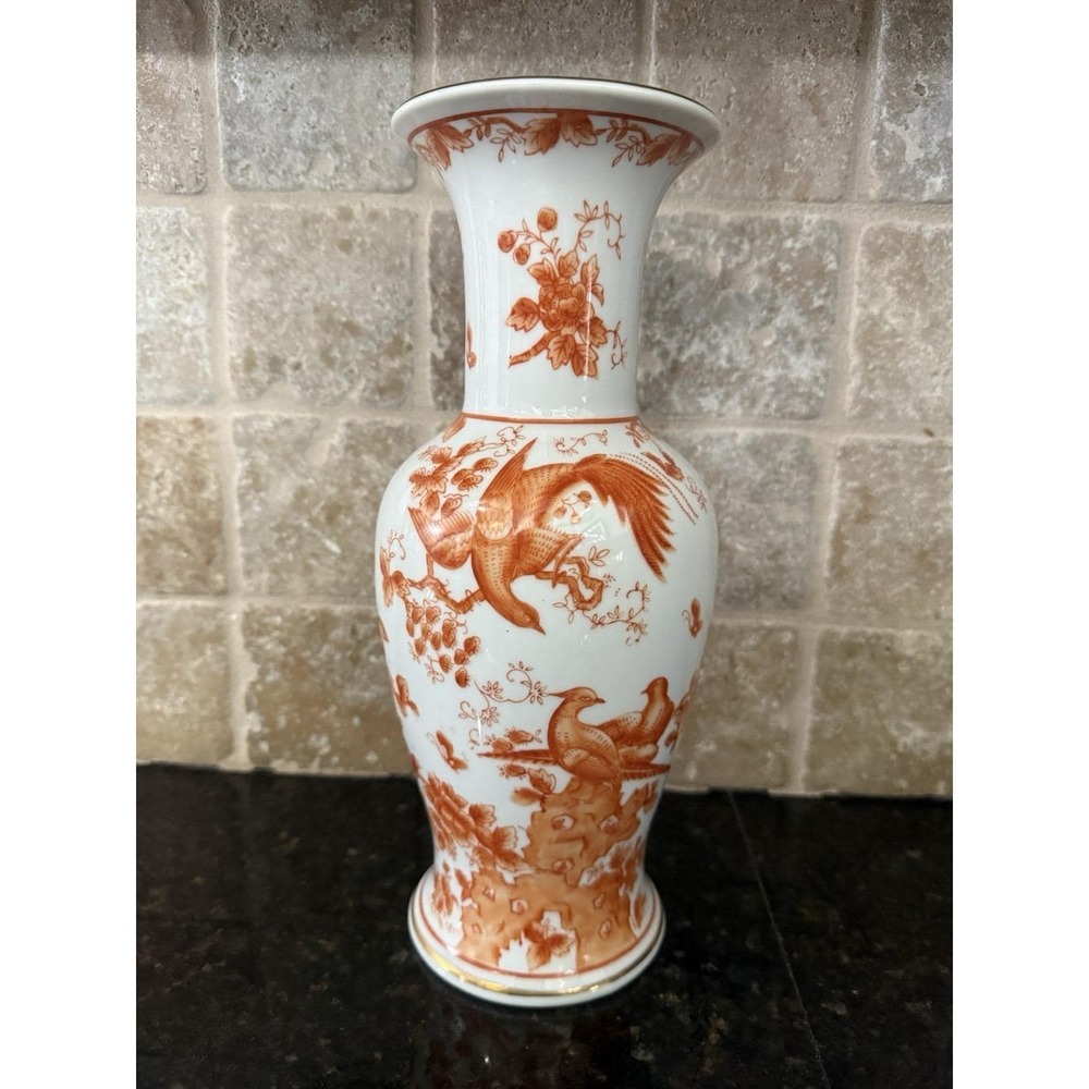 Vintage Japanese Kutani vase 12" Orange White Pheasant Birds Tree Blossoms
